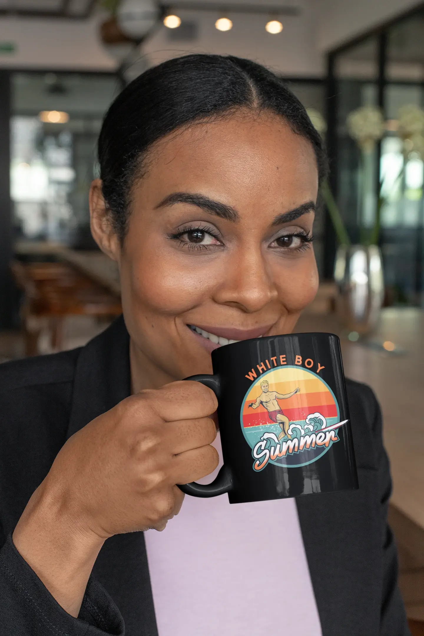 11 oz coffee mug mockup featuring a smiling middle aged woman 31711