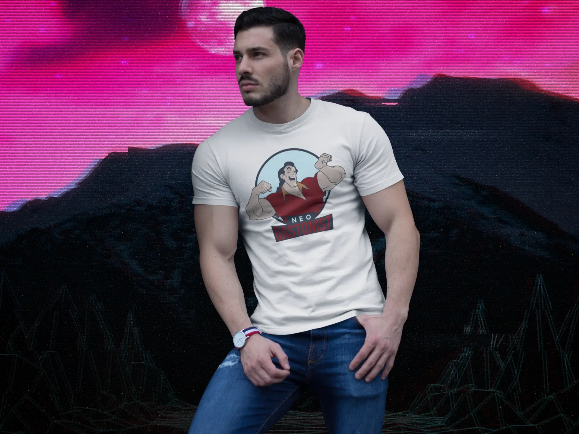 transparent buff man wearing a t shirt mockup while lying against a wall a17659