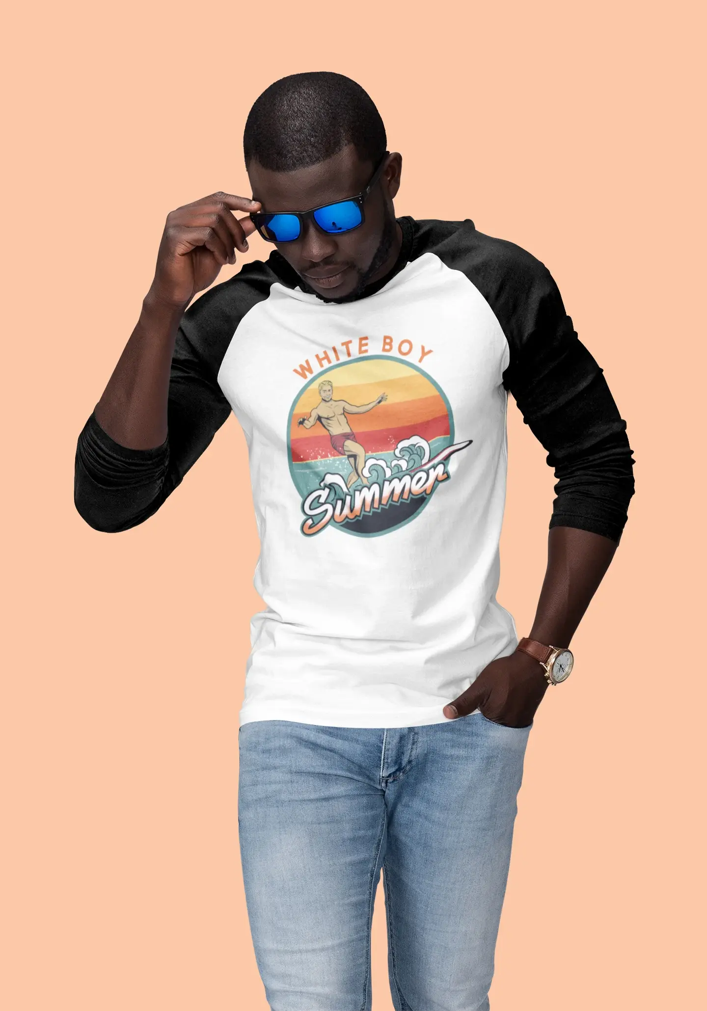 studio mockup of a cool man posing with a three quarter sleeve raglan t shirt 1810 el1